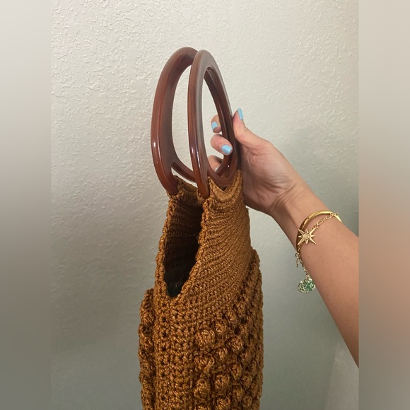Vintage Crochet Rust Brown with Knots & Oval Lucite Handles Boho Handbag Purse - Picture 7 of 12